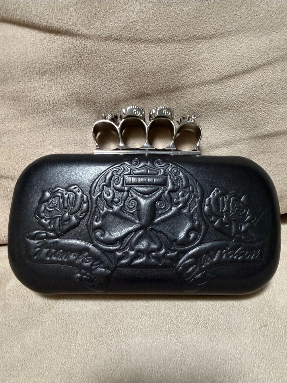 Harley Davidson Black Embossed Skull Knuckle Clutch with Chain